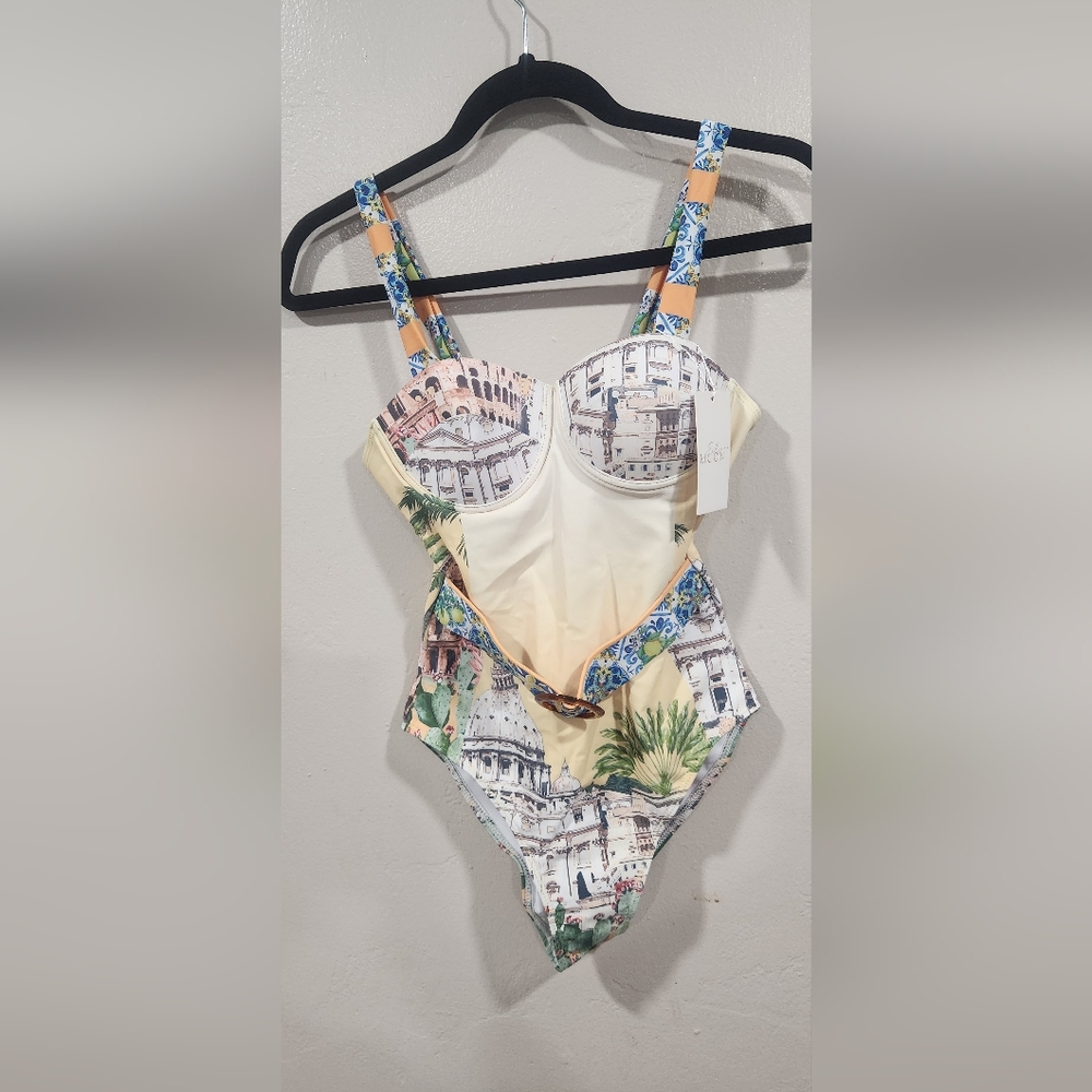Endless Moon Yellow Printed Swimsuit With Belt Size Small